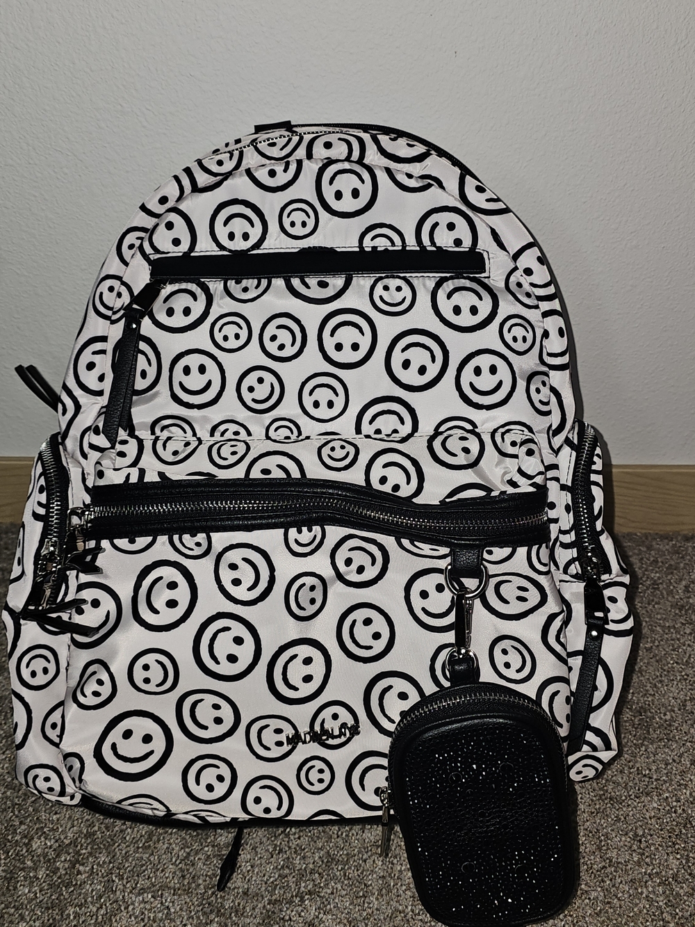 Smiley Print Mini Backpack - Black & White